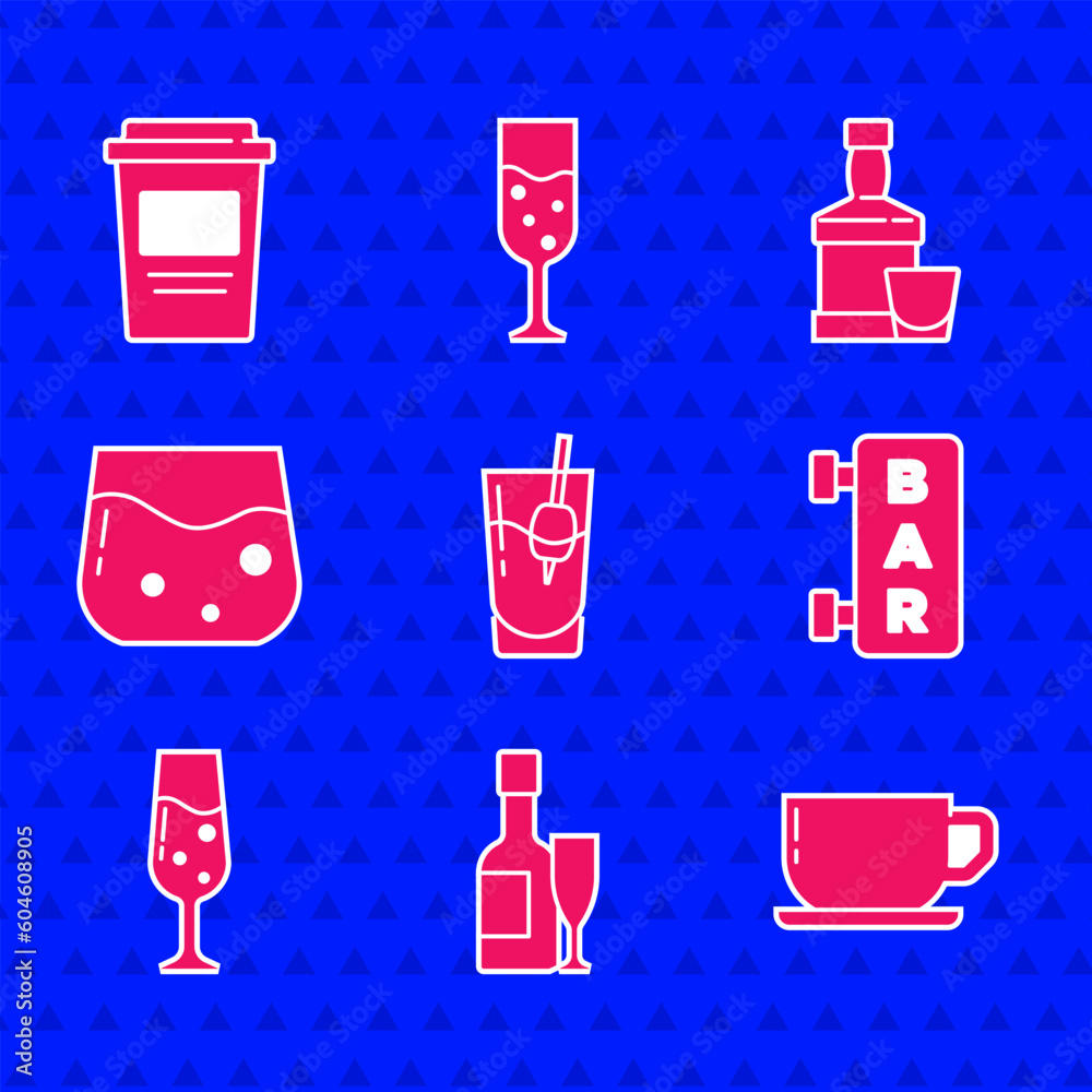 Set Cocktail Bloody Mary, Champagne bottle and glass, Coffee cup, Street signboard with Bar, Glass champagne, whiskey, Whiskey and to go icon. Vector Set Cocktail Bloody Mary, Champagne bottle and glass, Coffee cup, Street signboard with Bar, Glass champagne, whiskey, Whiskey and to go icon. Vector