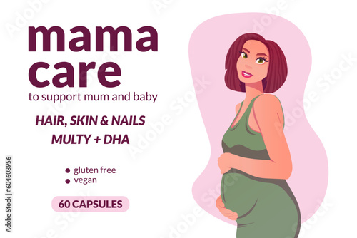 Design packaging of vitamins for pregnant women in cartoon style. For medical design illustration