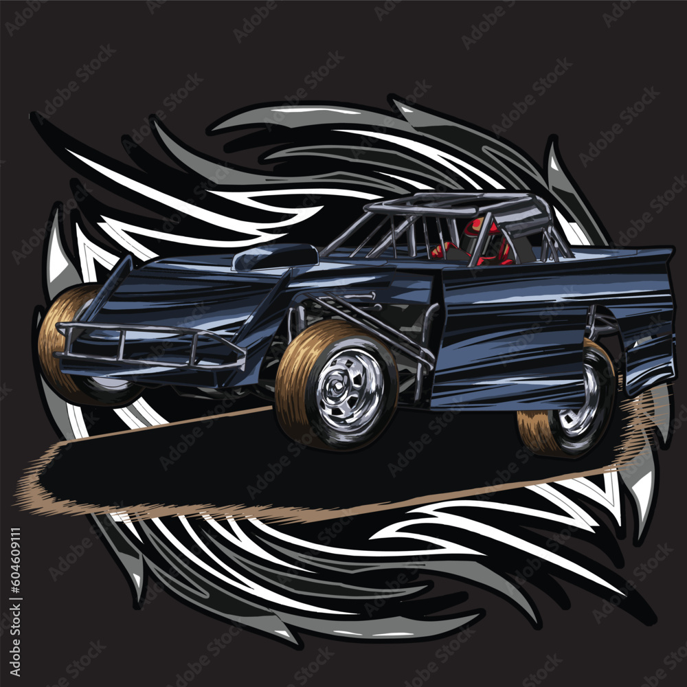 dark blue drag race illustration isolated in black background for poster, t-shirt, graphic design, business element, and card