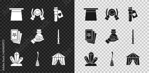 Set Magic hat, ball on hand, Bottle with love potion, stone, Witches broom, Circus tent, Three tarot cards and icon. Vector