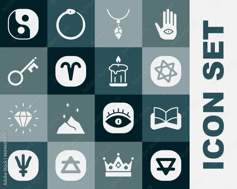 Set Earth element, Ancient magic book, Tarot cards, Necklace with crystal, Aries zodiac, Old key, Yin Yang and Burning candle icon. Vector
