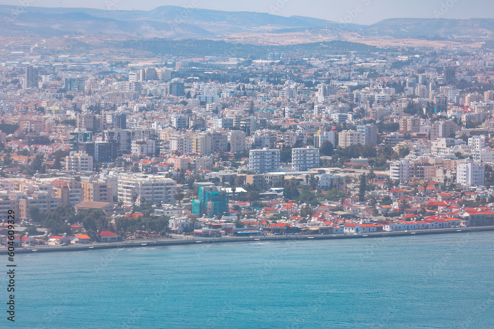 Larnaca Cyprus Aerial Panorama . Coastal city at Mediterranean Sea
