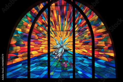 Church Sun stainglass window, Arch Shape,Generative AI