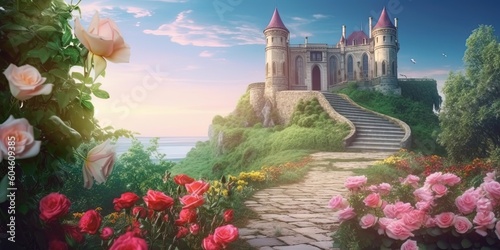 summer beautiful landscape of wonderland with roses and an old castle, by ai generative