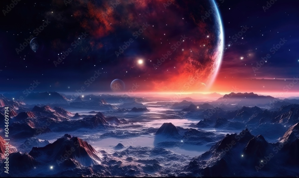 Fototapeta premium Space planets and stars in space. 3d landscape photo. Generative AI