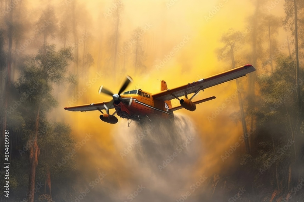 Fototapeta premium A fire plane pouring water to put out a forest on fire. Generative AI