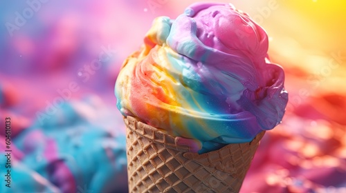 Closeup shot of rainbow ice cream dessert in front of colorful background using generative AI 