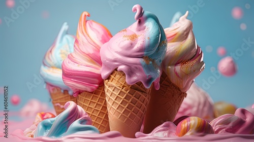 Closeup shot of rainbow color ice cream treats in front of colorful background using generative AI 