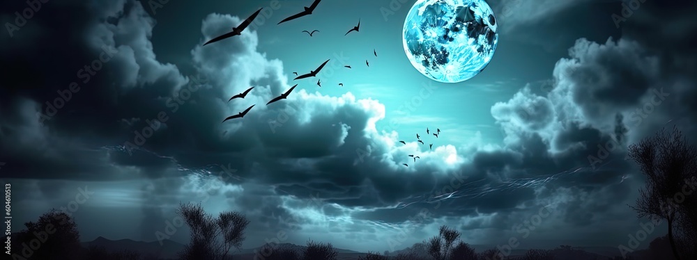 spooky halloween night sky with moon and bat by ai generative spooky halloween night sky with moon and bat by ai generative