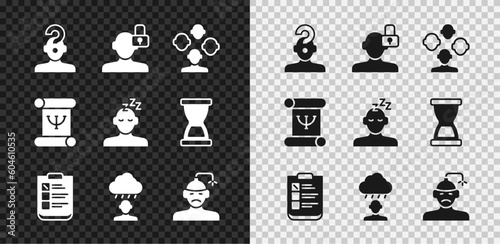 Set Human with question mark, Closed personality, Schizophrenia, Psychological test, Depression and frustration, Concussion, headache, Psychology book and Dreams icon. Vector