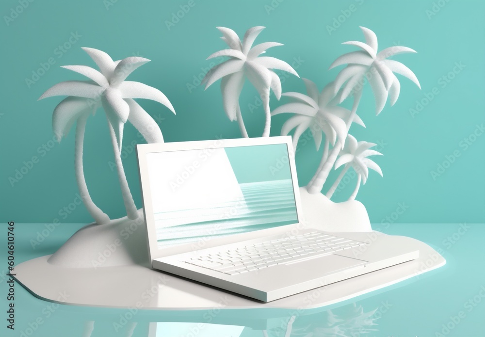 summer tropical beach travel palm tree concept laptop computer vacation. Generative AI.