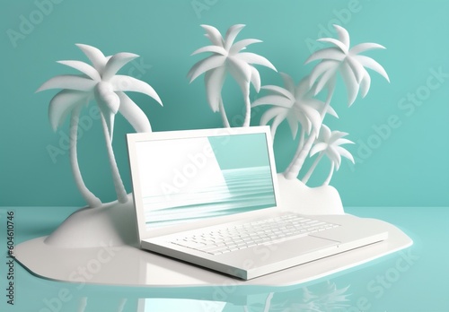 summer tropical beach travel palm tree concept laptop computer vacation. Generative AI.