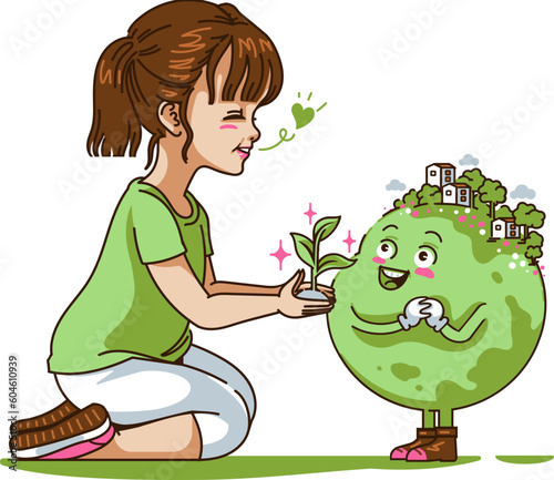 green globe and little girl