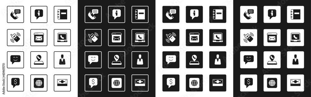 Set Notebook, Mail and e-mail, Mobile phone, Telephone conversation, 24 hours support, Information, Employee and Smile face icon. Vector Set Notebook, Mail and e-mail, Mobile phone, Telephone conversation, 24 hours support, Information, Employee and Smile face icon. Vector