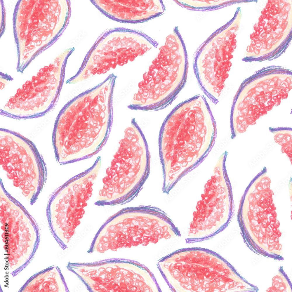 Hand drawn seamless pattern with purple violet ripe appetizing sweet fig fruits as summer food background.Bright tropical fruit isolated on white,design, wallpaper,textile, wrapping paper Hand drawn seamless pattern with purple violet ripe appetizing sweet fig fruits as summer food background.Bright tropical fruit isolated on white,design, wallpaper,textile, wrapping paper