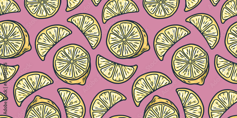 Summer exotic wallpaper with yellow lemons fruits. Seamless pattern with lemon Summer exotic wallpaper with yellow lemons fruits. Seamless pattern with lemon