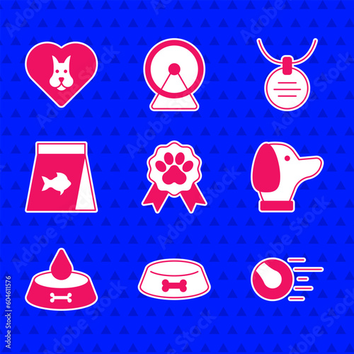 Set Pet award symbol, food bowl for cat or dog, toys ball, Dog, Food fish, Collar with name tag and Heart icon. Vector