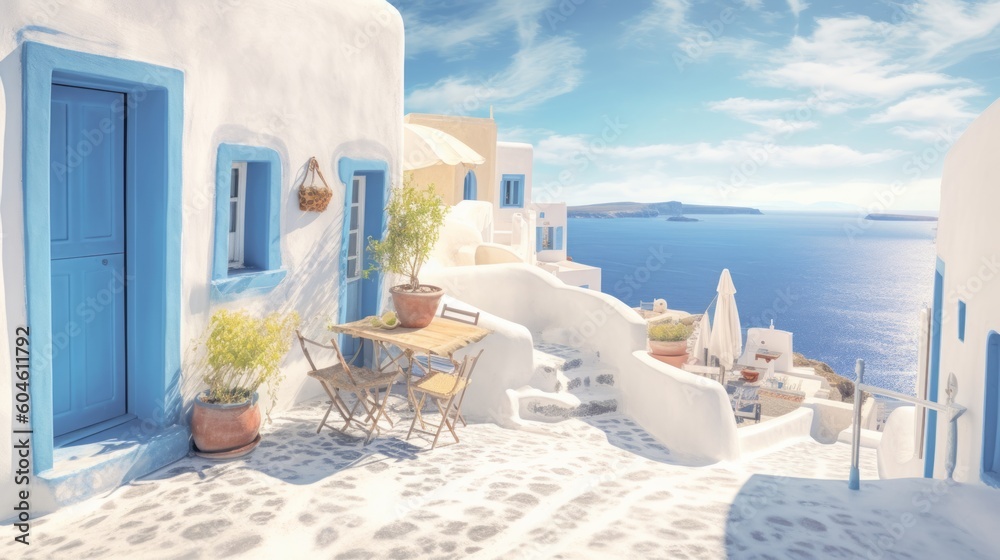 Illustration of a charming Santorini white and blue houses with blue doors and windows created with Generative AI technology