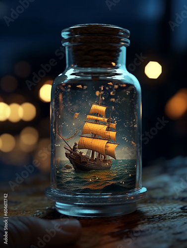Hyper - realistic and over - detailed small pirate ship sailing on a high wave in a glass bottle,Generative AI