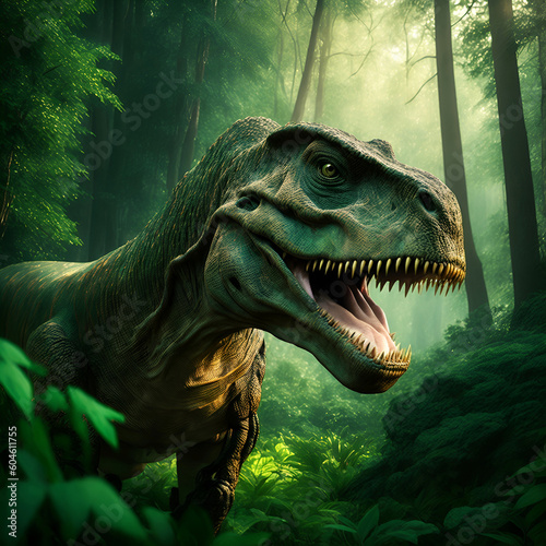 Tyrannosaurus Rex, T-rex, in the jurassic forest. Generative Artificial Intelligence. © Claudio Caridi