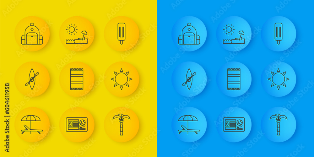 Set line Sunbed and umbrella, Kayak or canoe paddle, Beach towel, Tropical palm tree, Hiking backpack, Ice cream and with chair icon. Vector