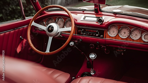 Internal part of a retro Mercedes Benz car in shades of red.