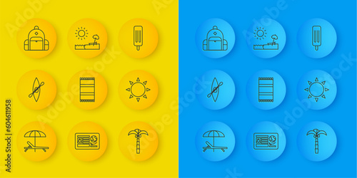 Set line Sunbed and umbrella, Kayak or canoe paddle, Beach towel, Tropical palm tree, Hiking backpack, Ice cream and with chair icon. Vector