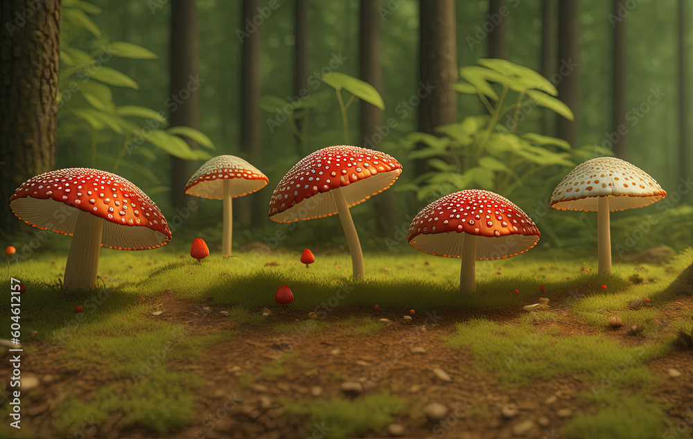 Fototapeta premium Fly Agaric in grass on a forest. Ai generated technology