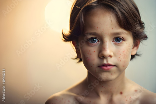 Natural vaccination. Contagious disease. Sick child with chickenpox. Varicella virus or Chickenpox bubble rash on child body and face.  Generative AI photo