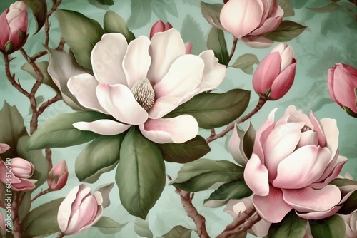 decoration magnolia drawing watercolor wallpaper floral leaf pattern background flower seamless. Generative AI. photo