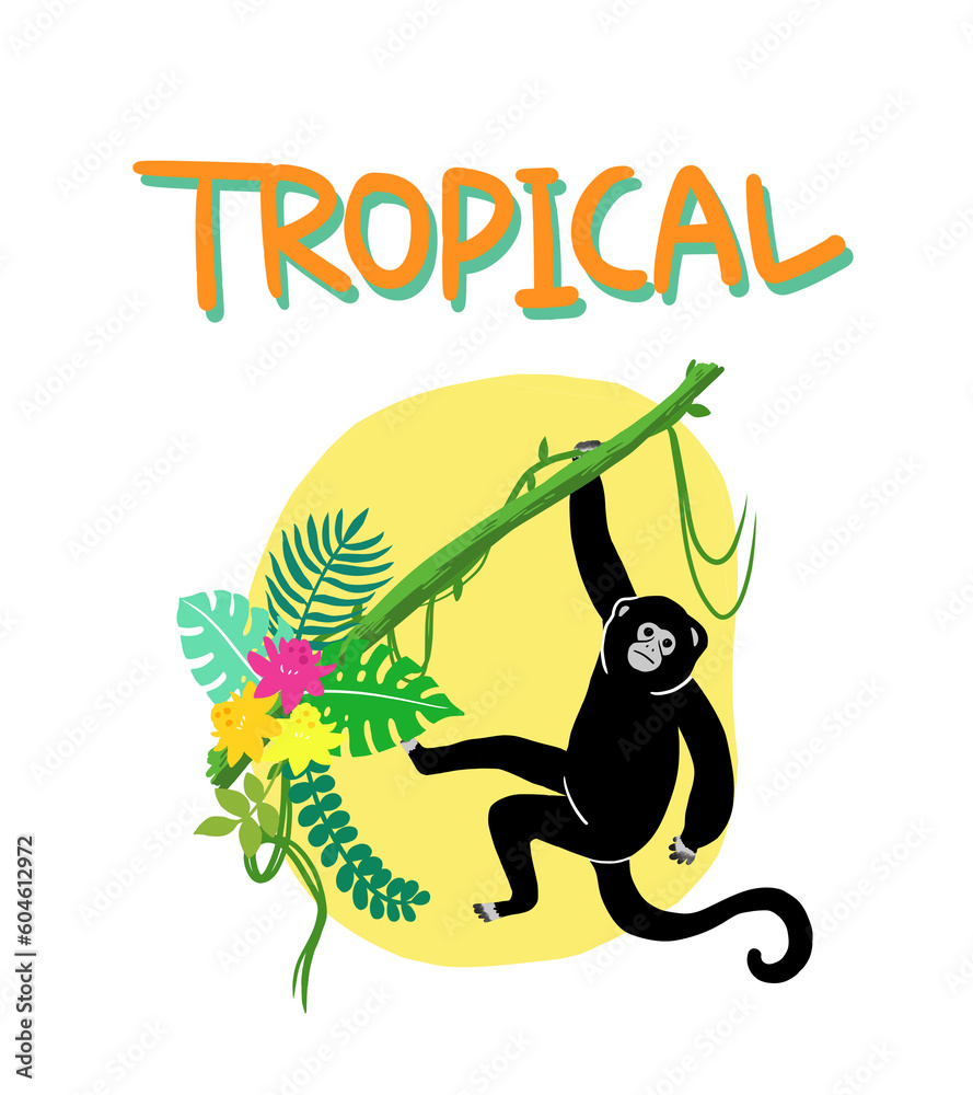 Fototapeta premium Tropical illustration with monkey, 원숭이가 있는 열대 일러스트