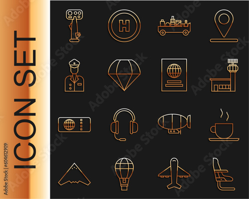 Set line Airplane seat, Coffee cup, Airport control tower, luggage towing truck, Parachute, Pilot, Aircraft steering helm and Passport icon. Vector