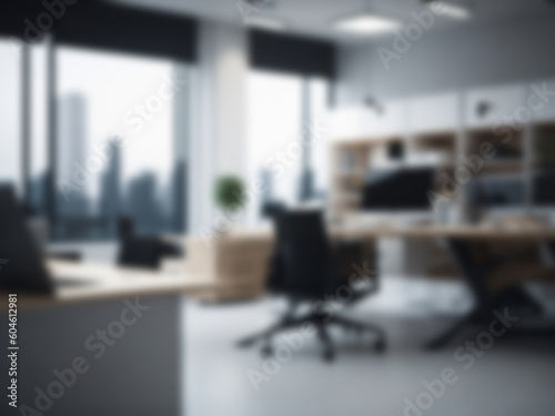 Blurred office workspace interior with modern style, workplace with cityscape, business presentation background, professional background, blurry background, ai generated
