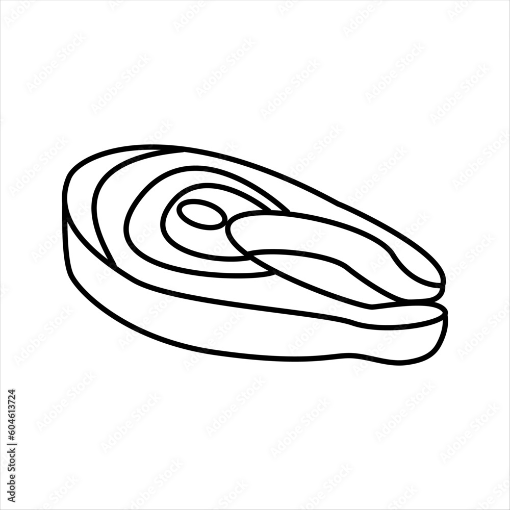 Illustration with fresh raw salmon steak. Fish fillet. Natural marine product. Concept of seafood. Vector illustration can be used for topics like cuisine, market place. Sushi ingredients design Illustration with fresh raw salmon steak. Fish fillet. Natural marine product. Concept of seafood. Vector illustration can be used for topics like cuisine, market place. Sushi ingredients design