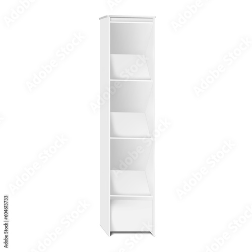 Brochure, catalogue, magazine, leaflet holder vector mockup. Display stand with inclined shelves realistic mock-up. Blank white vertical rack. Template for design