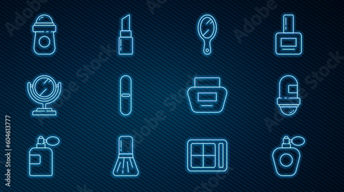 Set line Perfume, Antiperspirant deodorant roll, Hand mirror, Nail file, Round makeup, Cream lotion cosmetic tube and Lipstick icon. Vector