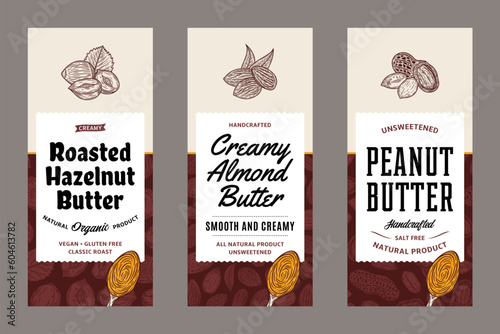 Peanut, almond and hazelnut butter labels in modern style. Vector nuts illustrations and patterns