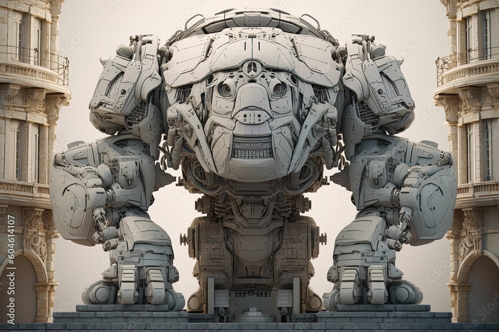 Mechanical futuristic sci-fi mech in front of building using generative AI Mechanical futuristic sci-fi mech in front of building using generative AI