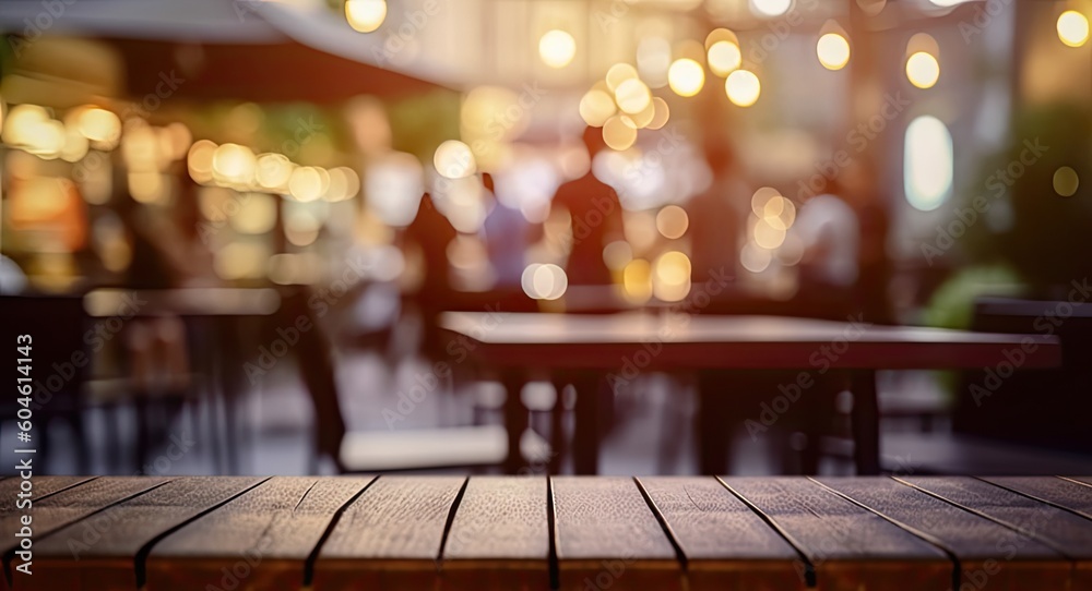 Empty Wooden Counter Table for product on a Blurred Restaurant Background. Wood board with Coffee shop