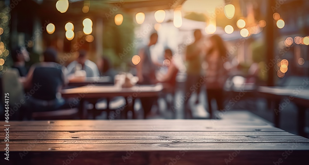 Empty Wooden Counter Table for product on a Blurred Restaurant Background. Wood board with Coffee shop Empty Wooden Counter Table for product on a Blurred Restaurant Background. Wood board with Coffee shop