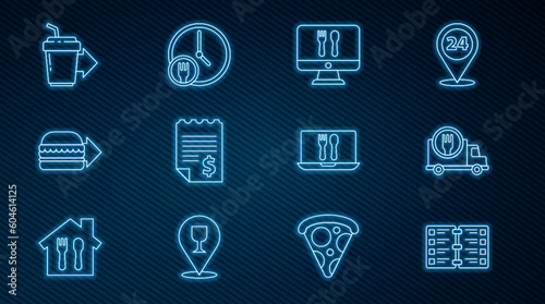 Set line Restaurant cafe menu, Fast delivery by car, Online ordering and, Paper financial check, burger, Coffee cup to go, and Round the clock icon. Vector
