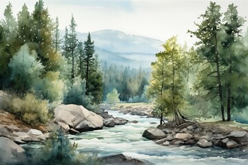 Leinwandbilder Olivgrün watercolor painting of forest landscape with trees and river  © Irfanan