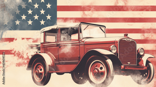 Vintage red American car with flag background created with Generative AI
