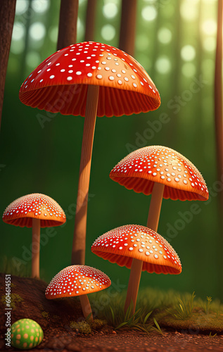 Fly Agaric in grass on a forest. Ai generated technology