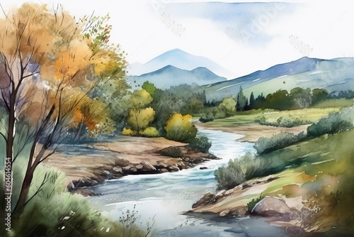 watercolor painting of forest landscape with trees and river