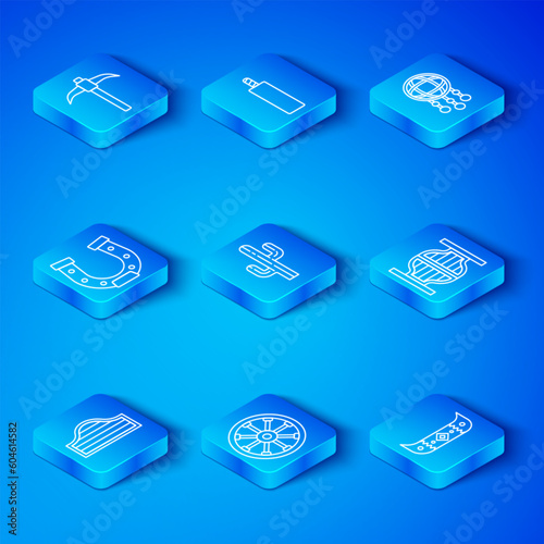 Set line Saloon door, Cactus, Old wooden wheel, Dream catcher with feathers, Horseshoe, Pickaxe and Kayak canoe and paddle icon. Vector