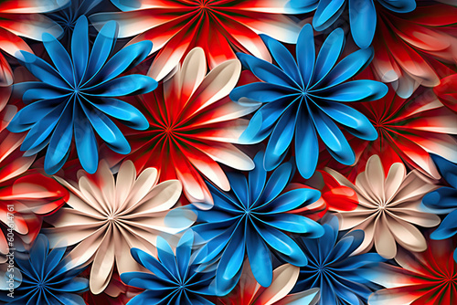 Red, white and blue 3D seamless floral pattern created with Generative AI 