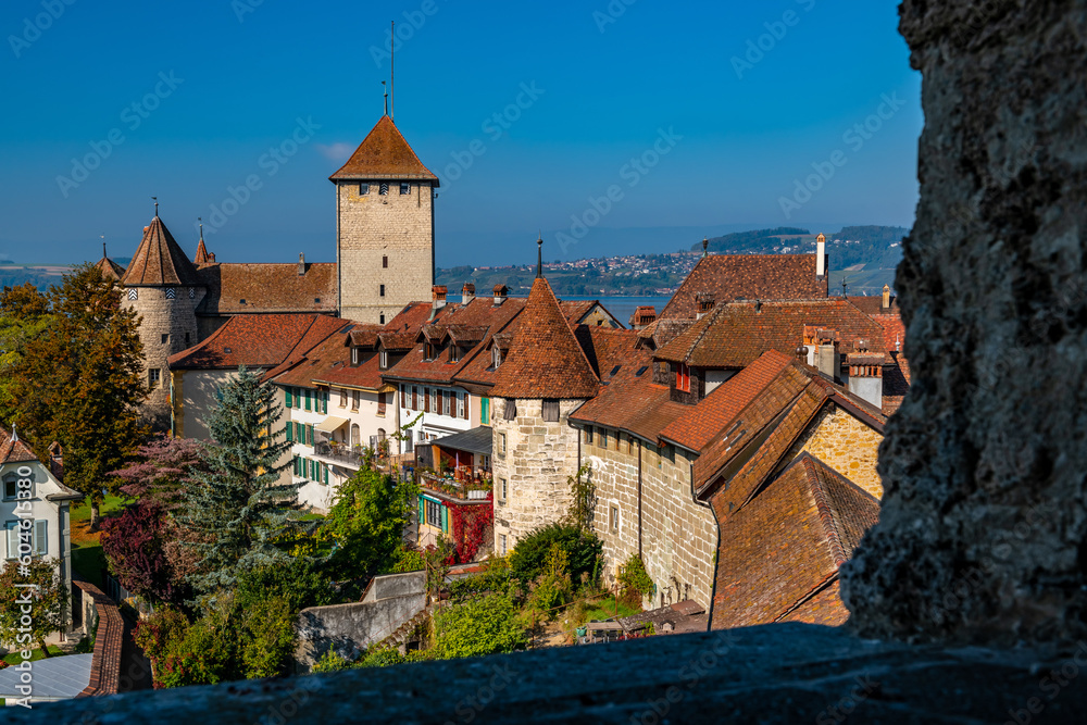 View of the fortifications around the old town of Murten, Switzerland.