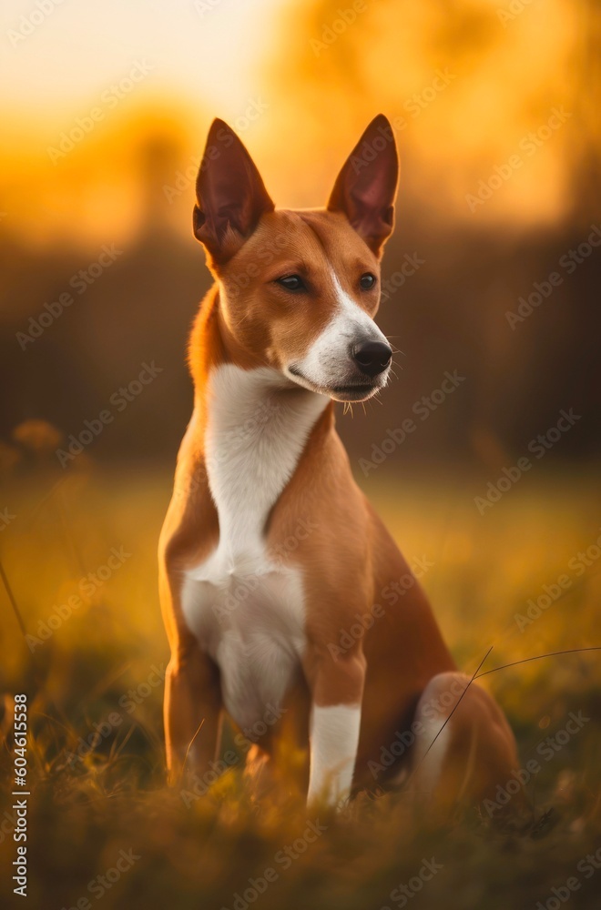 Red Basenji dog is walking outdoor. Generative AI. Red Basenji dog is walking outdoor. Generative AI.