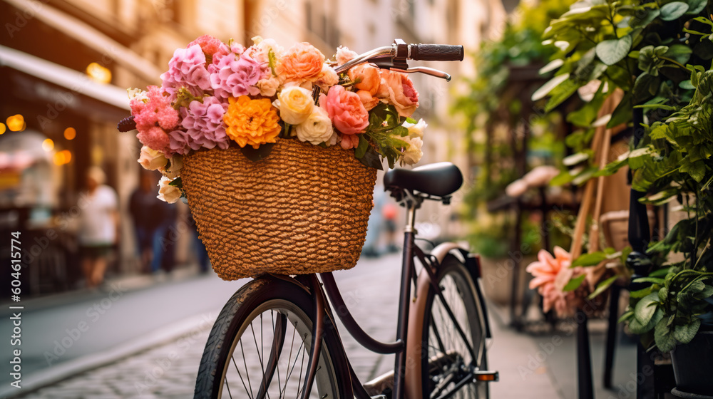 A bicycle with a basket full of flowers. Generative AI.